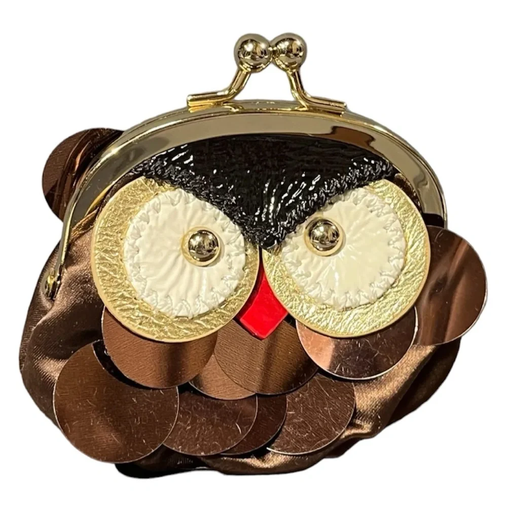 Kate Spade EUC Y2K Sequin, Satin, and Leather Owl Kiss Lock Coin Purse